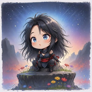 Masterpiece, 4K, ultra detailed, chibi anime style, beautiful female ninja with flawless makeup and glossy lips, long flowy hair wearing ninja outfit, on top of a crystalized rocky cliff, looking at the colorful starry night, wild flowers, depth of field, SFW, 