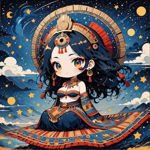 Masterpiece, 4K, ultra detailed, chibi anime style, busty ancient Inca woman sitting on a flying carpet in the sky, beautiful flawless face with great makeup, dangling earrings, colorful headpiece, epic starry night, windy, more detail XL, SFW, depth of field, (ukiyoe art style), Ink art,Deformed,