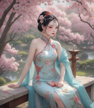 Masterpiece, 4K, ultra detailed, pretty busty lady with glamorous makeup, beautiful bright eyes and  glossy lips, dangling crystal earrings, short Chinese cheongsam dress and shiny high heels, sitting elegantly on a stone bench in a Japanese garden under the cherry blossom trees, romantic setting, petals falling, SFW, depth of field, quiet forest, soft volumetric lighting,(\hua dan\)