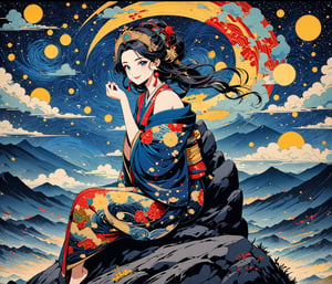 Masterpiece, 4K, ultra detailed, anime style, mature and elegant woman sitting on mountain top boulder, beautiful flawless face with great makeup smiling, dangling earrings, colorful headpiece, epic starry night, windy, more detail XL, SFW, depth of field, (ukiyoe art style),Ink art,