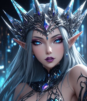 Masterpiece, 4K, ultra detailed, Evil elf queen, perfect makeup, seductive glossy lips, SFW, depth of field, iridescence, Art Deco Style,