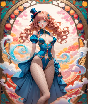 (Art Nouveau style), masterpiece, beautiful long peach hair curvy woman wearing magician assistant outfit with a small top hat, fishnet pantyhose and Stilettos high heels, slim waist and large detailed blue eyes, more detail XL, ((SFW)), swirling color smoke,