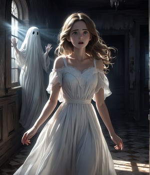 Masterpiece, 4K, Ultra detailed, beautiful girl wearing white dress walking in a dark haunted house, feminine figure, scared expression with both hand up, SFW, light rays streaming from the windows, floating white ghost,