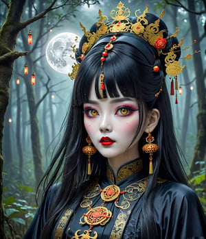 Masterpiece, 4K, ultra detailed, frightening female Jiangshi with flawless goth makeup, paper talisman on forehead and glossy lips, golden earring, wavy long hair, dark silk robe with very long sleeves, in a misty dark forest, moon lights, depth of field, SFW, more detail XL,