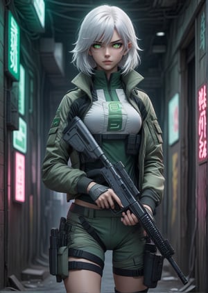 Solo, futuristic anime style, sexy white hair female fighter wearing tactical jacket, big detailed green eyes, aiming with pistol, leaning quietly in back alley with neon signs, highly detailed, (full body portrait), dynamic angle, more detail XL,tacticalgear,,<lora:659095807385103906:1.0>