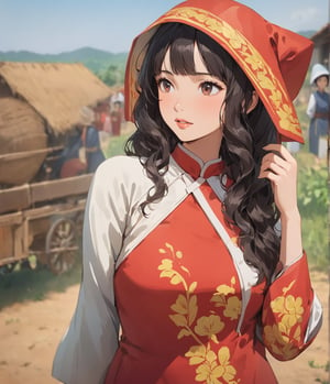 Masterpiece, 4K, ultra detailed, anime Style, 1 beautiful woman with long wavy hair and glossy lips wearing traditional conservative Vietnamese outfit, rural country, SFW, depth of field,ao_dai_tet_xl,soviet poster