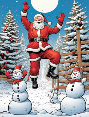 1 Santa Claus training in obstacle course, snowmen cheering, art style by Brian Michael Bendis