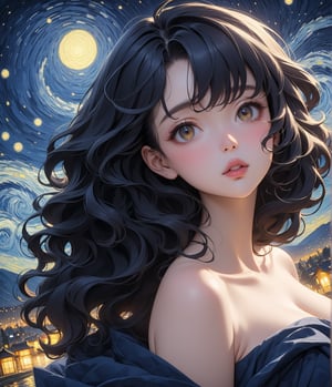 Masterpiece, 4K, ultra detailed, 1 beautiful woman with wavy hair and glossy lips, windy starry night, SFW, depth of field, Ukiyoe Art Style,