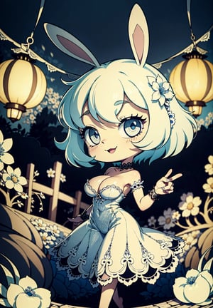 1 girl dancing in a garden on a mountain, flowy long dress, lace, ornate details, big detailed eyes looking at viewers, white teeth, playboy bunny ears, large breasts, hair ornament, floral arrangement, lanterns, reflections, 4k, windy, photorealistic, depth of field, highly detailed, full body portrait, LaceAI, Detailedface, Detailedeyes, chibi