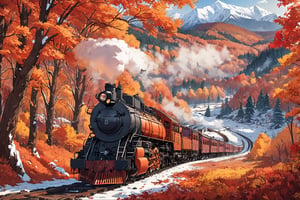 (masterpiece, high quality, 8K resolution, ultra detailed), steam locomotive passing through a forest during autumn, red and orange fall foliage, depth of field, snow capped mountains landscape background, vector drawing, illustration,ink