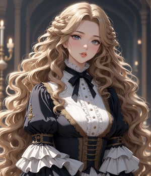 Masterpiece, 4K, ultra detailed, anime Style, 1 beautiful woman with long wavy hair and glossy lips wearing traditional Victorian outfit, SFW, depth of field,shuimo style