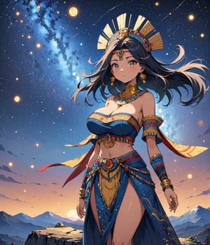 Masterpiece, 4K, ultra detailed, anime style, busty ancient Inca woman standing on mountain boulder, beautiful flawless face with great makeup, dangling earrings, colorful headpiece, epic starry night, windy, more detail XL, SFW, depth of field, (ukiyoe art style),