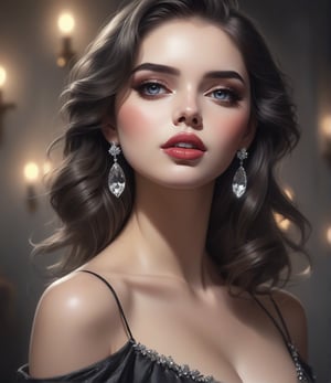 Masterpiece, 4K, ultra detailed, beautiful busty lady with glamorous makeup, beautiful bright eyes and  glossy lips, dangling crystal earrings, depth of field, SFW, dreamy background ,charcoal \(medium\)