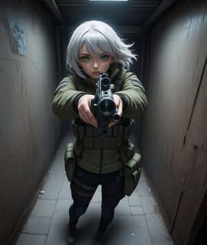 Solo, futuristic anime style, sexy white hair female fighter wearing tactical jacket, big detailed green eyes, aiming with pistol, leaning quietly in back alley with neon signs, highly detailed, (full body portrait), dynamic angle, more detail XL,tacticalgear, wide angle lens,,<lora:659095807385103906:1.0>