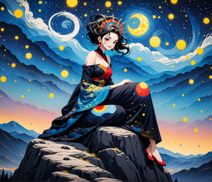 Masterpiece, 4K, ultra detailed, anime style, 2 mature and elegant women sitting on mountain top boulder, beautiful flawless face with great makeup smiling, dangling earrings, colorful headpiece, epic starry night, windy, more detail XL, SFW, depth of field, (ukiyoe art style),Ink art
