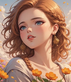 Masterpiece, 4K, ultra detailed, beautiful lady with natural makeup, beautiful detailed eyes and glossy lips, golden earring, brown and ginger ombre braided hair, romantic flower petals, colorful bellowing smoke, windy, depth of field, SFW, ukiyoe art style,