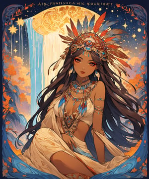 A stunning 4K image of a regal brown-skinned American Indian chief woman, adorned with a vibrant, intricately designed headpiece featuring colorful feathers, sitting in the warm glow of starry night and epic waterfall. Her flawless face shines with glamourous makeup, and dangling earrings catch the fading light. The subject's XL detail is rendered with precision, A shallow depth of field blurs the background, drawing focus to her majestic presence, Ink art, (art nouveau), SFW, 