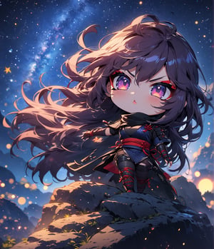 Masterpiece, 4K, ultra detailed, chibi anime style, strong female ninja with flawless makeup and glossy lips, long flowy hair wearing ninja outfit, on top of a rocky cliff, starry night, depth of field, SFW,