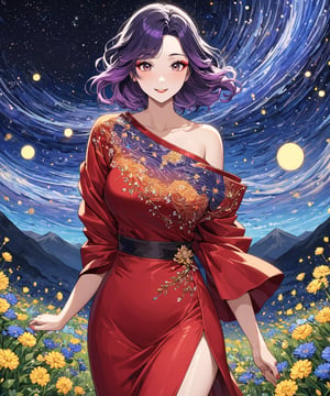 Masterpiece, 4K, ultra detailed, beautiful black and purple ombre hair mature woman walking in a flowering pathway wearing short sparkly red satin dress, perfect makeup and smiliing, epic starry night, windy, more detail XL, SFW, depth of field, (ukiyoe art style),