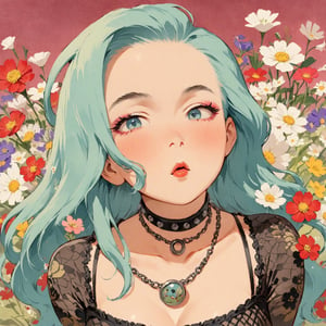 Masterpiece, 4K, ultra detailed, sexy punk woman, choker necklace, long flowy hair, wild flowers, depth of field, SFW, Ukiyoe Art Style, Vintage American illustration's,KidsRedmAF