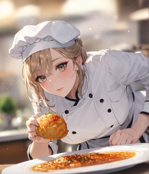 Masterpiece, 4K, ultra detailed, solo, 1 professional female chef with glamorous makeup, chef hat, bent over, fantastic cuisine, depth of field, SFW,