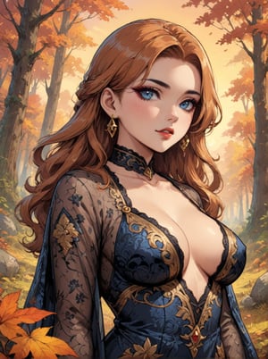 Masterpiece, 4K, ultra detailed, beautiful female singer with flawless dark makeup, beautiful detailed blue eyes and glossy lips, golden earring, wavy long ginger hair, sheer lace robe, large boulder in quiet autumn forest during sunset, depth of field, SFW, more detail XL, Ukiyoe Art Style,