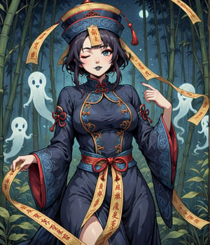 Masterpiece, 4K, ultra detailed, anime style, female Jiangshi with flawless makeup, yellow paper talisman tape on forehead and dark blue lips, 1 eye closed, dark sheer robe with very long sleeves, in a dark bamboo forest at night, floating ghost spirit in the back, depth of field, SFW, more detail XL, art nouveau art style,