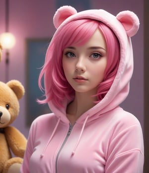 Masterpiece, 4K, ultra detailed, sexy pink hair girl wearing Teddy bear onesie, SFW, depth of field, dreamy background,