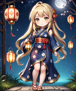 ((chibi anime style)),  masterpiece, 4K, 1 blonde girl with long hair wearing a traditional Asian dress holding a lantern, large breasts and detail eyes looking at viewers, more detail XL, SFW,  nighttime, moonlight, walking pose, 