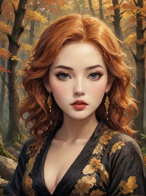 Masterpiece, 4K, ultra detailed, beautiful female singer with flawless dark makeup, beautiful detailed eyes and glossy lips, golden earring, wavy long ginger hair, sheer lace robe, large boulder in quiet autumn forest during sunset, depth of field, SFW, more detail XL, Ukiyoe Art Style,