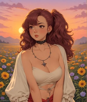 Masterpiece, 4K, ultra detailed, sexy punk woman, choker necklace, long flowy hair, wild flowers, depth of field, SFW, Ukiyoe Art Style, Vintage American illustration's,KidsRedmAF, sunset,