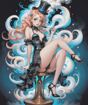 Pin-up style, masterpiece, beautiful long straight peach hair girl wearing female magician outfit with a small top hat, sitting on a tall stool, Stilettos high heels, slim waist and large detailed blue eyes, more detail XL, ((SFW)), swirling color smoke,