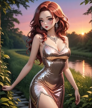 Masterpiece, 4K, ultra detailed, anime style, beautiful long hazel and red ombre hair mature woman, in a flowering forest pathway wearing short sequin dress with lace trimming, glamorous makeup, epic sunset, more detail XL, SFW, depth of field,
