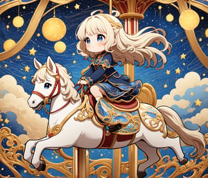 Masterpiece, 4K, ultra detailed, chibi anime style, beautiful girl riding on carousel horse, epic starry night, windy, more detail XL, SFW, depth of field, Ink art, art nouveau 