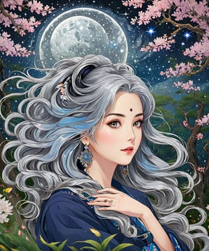 Masterpiece, 4K, ultra detailed, ((solo)), anime impressionism art style, elegant mature woman with beautiful detailed eyes and glamorous makeup, long flowy gray hair, finely detailed earrings, sitting in a flowering forest, swirling colorful starry night, more detail XL, SFW, depth of field,ukiyoe