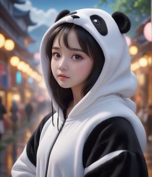 Masterpiece, 4K, ultra detailed, pretty girl wearing puffy panda onesie, SFW, depth of field, dreamy background,