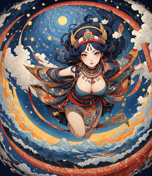 Masterpiece, 4K, ultra detailed, anime style, busty ancient Inca woman sitting on a flying carpet in the sky, beautiful flawless face with great makeup, dangling earrings, colorful headpiece, epic starry night, windy, more detail XL, SFW, depth of field, (ukiyoe art style), Ink art, fisheye lens,