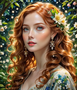 Masterpiece, 4K, ultra detailed, ((solo)), anime impressionism art style, elegant mature woman with beautiful detailed eyes and glamorous makeup, long wavy ginger hair, finely detailed earrings, hand over head, in a flowering forest,  swirling starry night, more detail XL, SFW, depth of field,no keyword needed