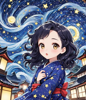 Masterpiece, 4K, ultra detailed, Chibi Art Style,1 beautiful woman with wavy hair and glossy lips, windy starry night, SFW, depth of field, Ukiyoe Art Style,