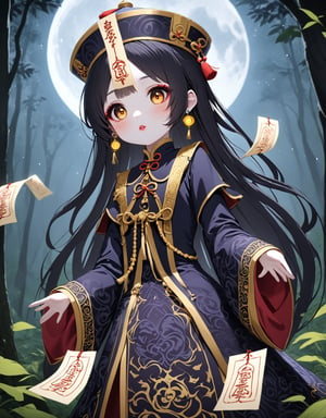 Masterpiece, 4K, ultra detailed, female Jiangshi with flawless goth makeup, paper talisman on forehead and glossy lips, golden earring, wavy long hair, dark silk robe with very long sleeves, in a misty dark forest, moon lights, depth of field, SFW, more detail XL,