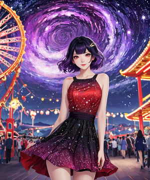 Masterpiece, 4K, ultra detailed, beautiful black and purple ombre hair woman walking in amusement park wearing short sparkly red satin dress, perfect makeup and smiliing, epic starry night, windy, more detail XL, SFW, depth of field, (ukiyoe art style),