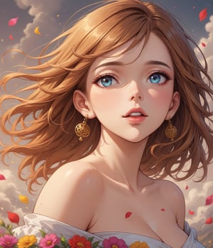 Masterpiece, 4K, ultra detailed, beautiful lady with natural makeup, beautiful detailed eyes and glossy lips, golden earring, brown and ginger ombre hair, romantic flower petals, colorful bellowing smoke, windy, depth of field, SFW,