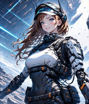 Masterpiece, 4K, ultra detailed, anime style, 1 beautiful cyber robot ginger hair girl wearing tactical visor with fin antenna, smiling with her glossy lips, SFW, vapor trails, rocky space asteroids, depth of field, mechanical arms