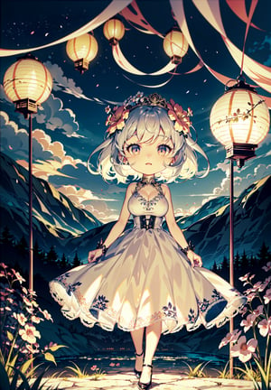 1 girl standing in a garden on a mountain, flowy long dress, lace, ornate details, big detailed eyes looking at viewers, white teeth, gigantic breasts, hair ornament, floral arrangement, lanterns, 4k, windy, photorealistic, depth of field, highly detailed, full body portrait, LaceAI, Detailedface, Detailedeyes, chibi