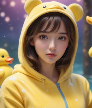 Masterpiece, 4K, ultra detailed, pretty girl wearing ducky onesie, SFW, depth of field, dreamy background,