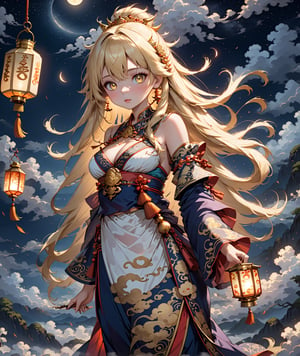 ((anime style)),  masterpiece, 4K, 1 blonde girl with long hair wearing a traditional Asian dress holding a lantern, large breasts and detail eyes looking at viewers, more detail XL, SFW,  nighttime, moonlight, walking pose, mythical clouds