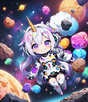 Masterpiece, 4K, ultra detailed, chibi anime style, cyber unicorn robot girl smiling at viewers, 1 horn, SFW, colorful rocky space asteroids,shuimo style