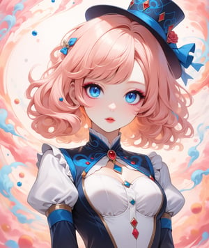 Pin-up style, masterpiece, beautiful peach hair girl wearing female magician outfit, slim waist and large detailed blue eyes, more detail XL, ((SFW)), swirling color smoke, 