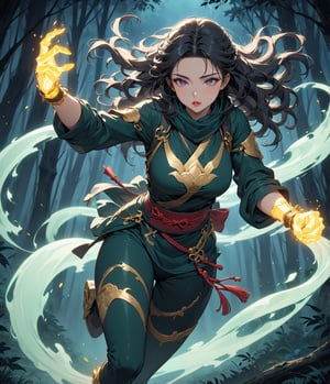 Masterpiece, 4K, ultra detailed, anime style, powerful female hunter with flawless makeup and glossy lips, long wavy hair in ninja outfit with gold details, glowing fists, in a creepy dark forest at night lit by moonlight, floating ghost spirit in the back moving in high speed, depth of field, SFW,huayu