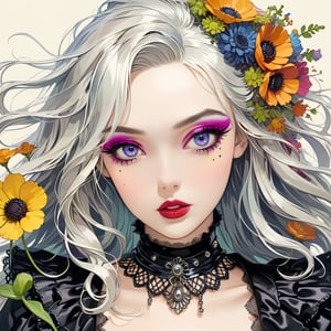 Masterpiece, 4K, ultra detailed, anime style, beautiful punk girl with goth makeup and glossy lips, long flowy hair, wild flowers, depth of field, SFW,more detail XL, retro illustrations, Vintage American illustration's 